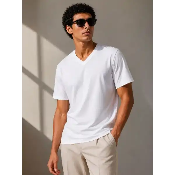 Erkek V Yaka Basic Tişört Kısa Kol Yazlık Regular Fit T-Shirt - Beyaz