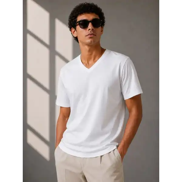 Erkek V Yaka Basic Tişört Kısa Kol Yazlık Regular Fit T-Shirt - Beyaz