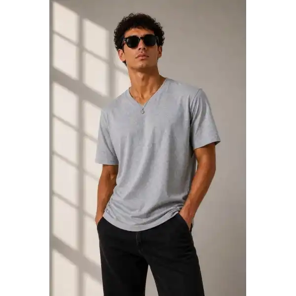 Erkek V Yaka Basic Tişört Kısa Kol Yazlık Regular Fit T-Shirt - Gri