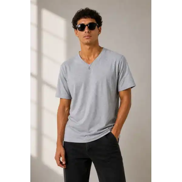 Erkek V Yaka Basic Tişört Kısa Kol Yazlık Regular Fit T-Shirt - Gri