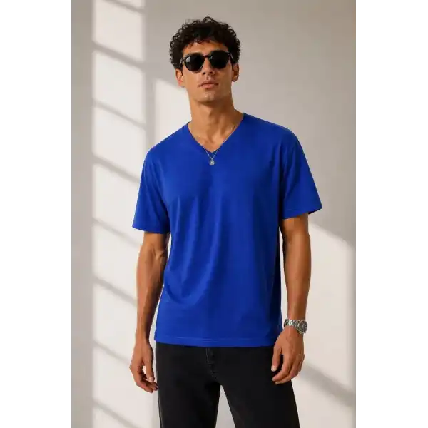 Erkek V Yaka Basic Tişört Kısa Kol Yazlık Regular Fit T-Shirt - Saks Mavisi