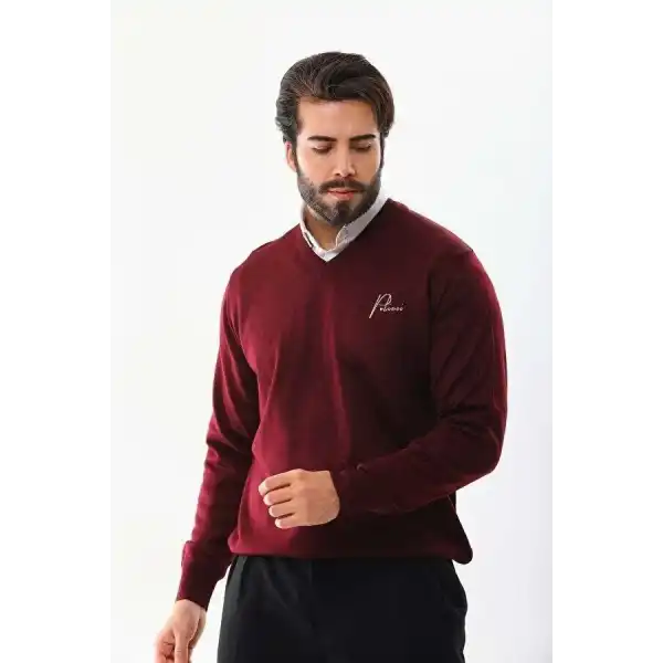Erkek V Yaka Kazak Baskılı Dokuma Triko - Bordo