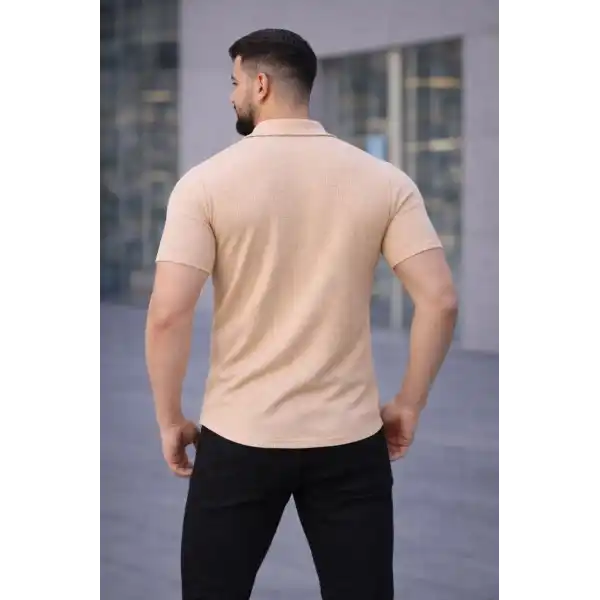 Erkek Waffle Dokuma Kumaş Açık Yakalı Düğmeli Gömlek 2’li Set Haki-Bej