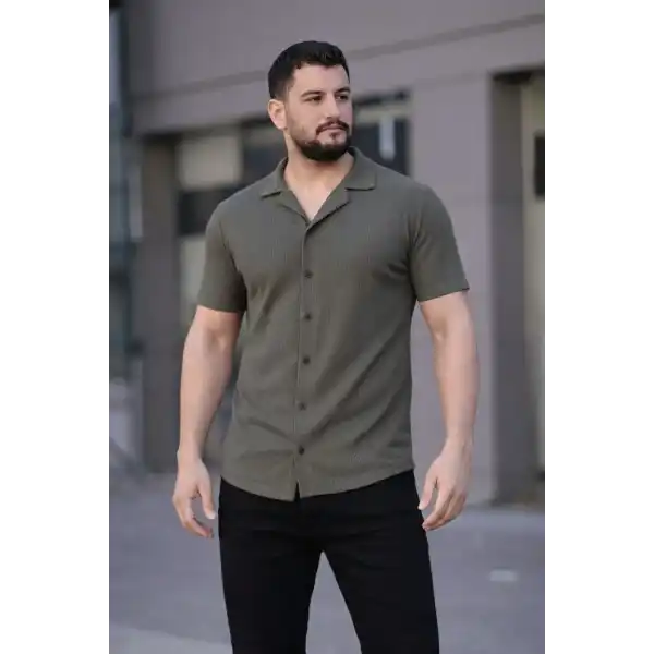 Erkek Waffle Kumaş Kısa Kollu Düğmeli Açık Yaka Regular Fit Gömlek - Haki