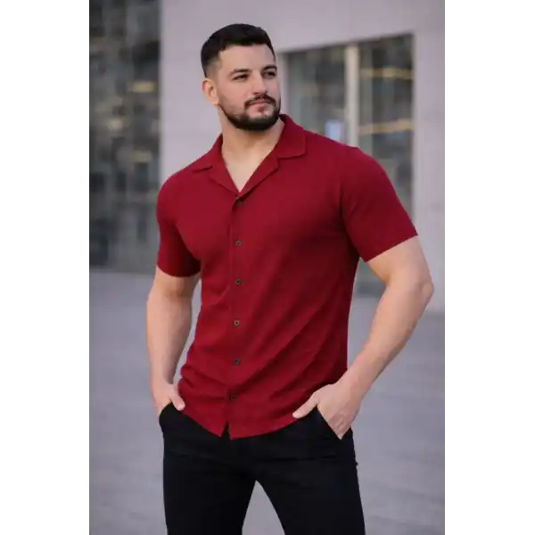 Erkek Waffle Kumaş Kısa Kollu Düğmeli Açık Yaka Regular Fit Gömlek - Kırmızı