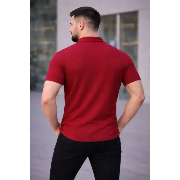 Erkek Waffle Kumaş Kısa Kollu Düğmeli Açık Yaka Regular Fit Gömlek - Kırmızı