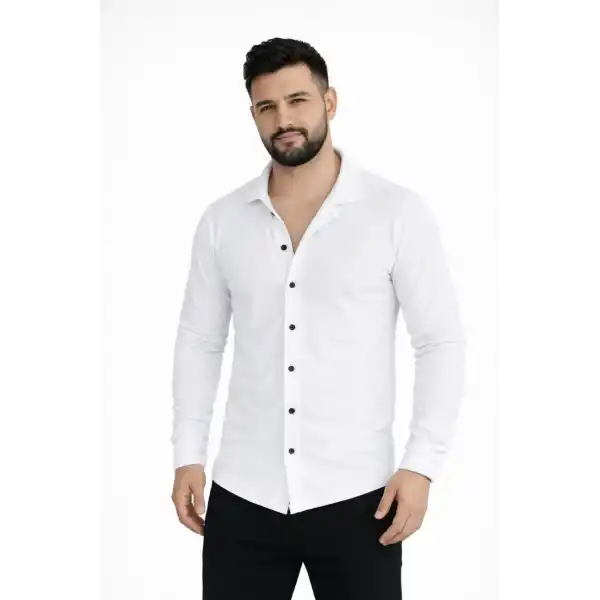 Erkek Waffle Kumaş Uzun Kollu Düğmeli Açık Yaka Regular Fit Gömlek - Beyaz