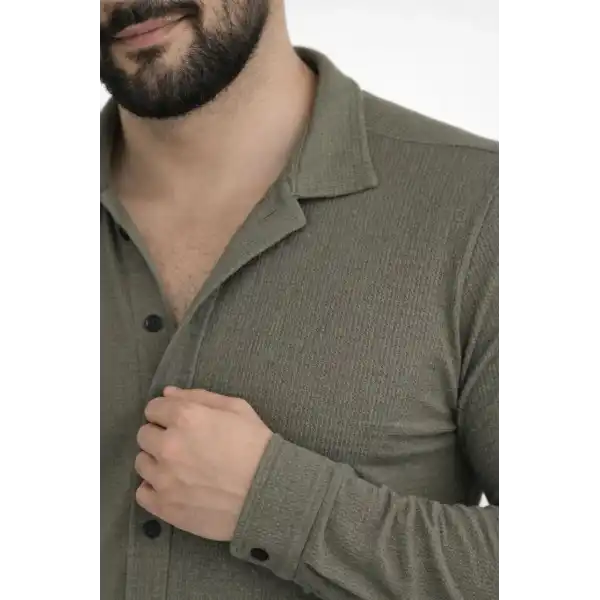 Erkek Waffle Kumaş Uzun Kollu Düğmeli Açık Yaka Regular Fit Gömlek - Haki