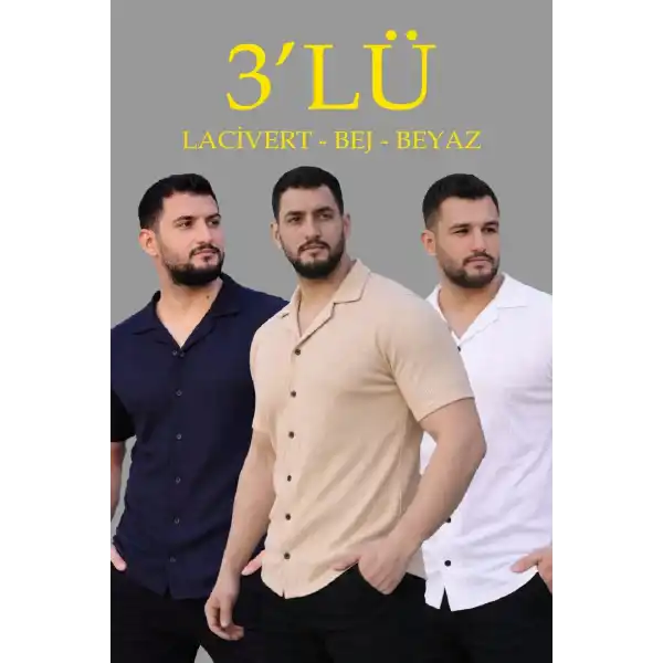 Erkek Waffle Kumaş Yakalı Kısa Kol Düğmeli Gömlek 3’lü Set Bej-Beyaz-Lacivert