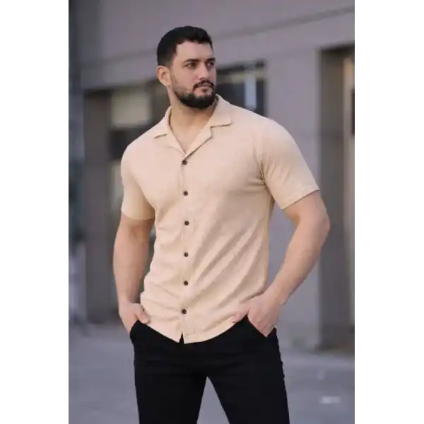 Erkek Waffle Kumaş Yakalı Kısa Kol Düğmeli Gömlek 3’lü Set Bej-Beyaz-Lacivert