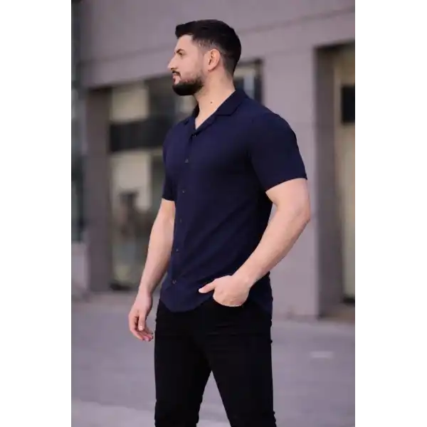 Erkek Waffle Kumaş Yakalı Kısa Kol Düğmeli Gömlek 3’lü Set Bej-Beyaz-Lacivert