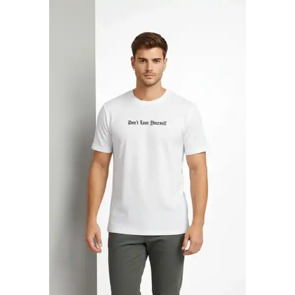 Erkek Wafıl Kumaş Tişört Regular Kalıp Bisiklet Yaka Baskılı T-Shirt - Beyaz
