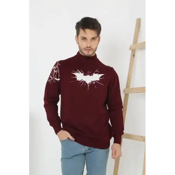 Erkek Yarım Bağazlı Kazak Baskılı Dokuma Triko - Bordo
