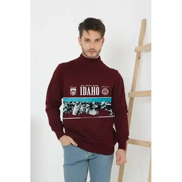 Erkek Yarım Bağazlı Kazak Baskılı Dokuma Triko - Bordo