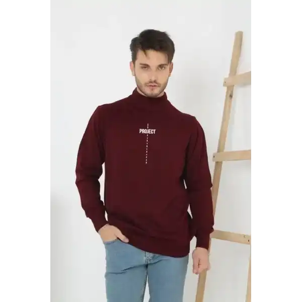 Erkek Yarım Bağazlı Kazak Baskılı Dokuma Triko - Bordo