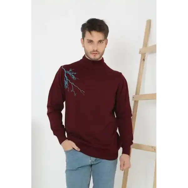 Erkek Yarım Bağazlı Kazak Baskılı Dokuma Triko - Bordo