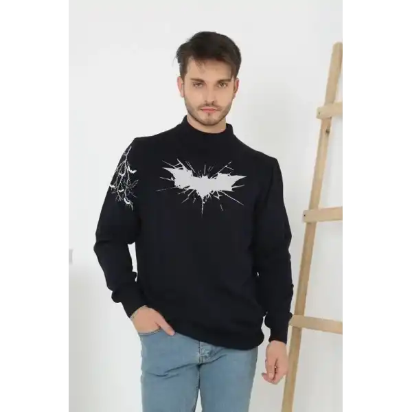 Erkek Yarım Bağazlı Kazak Baskılı Dokuma Triko - Siyah