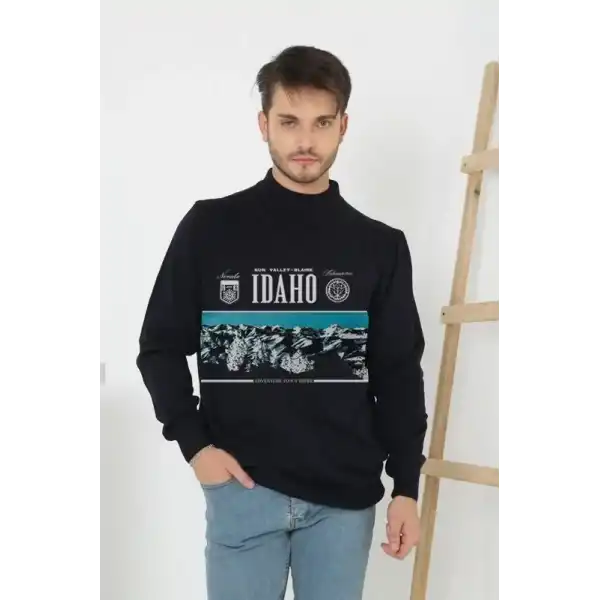 Erkek Yarım Bağazlı Kazak Baskılı Dokuma Triko - Siyah