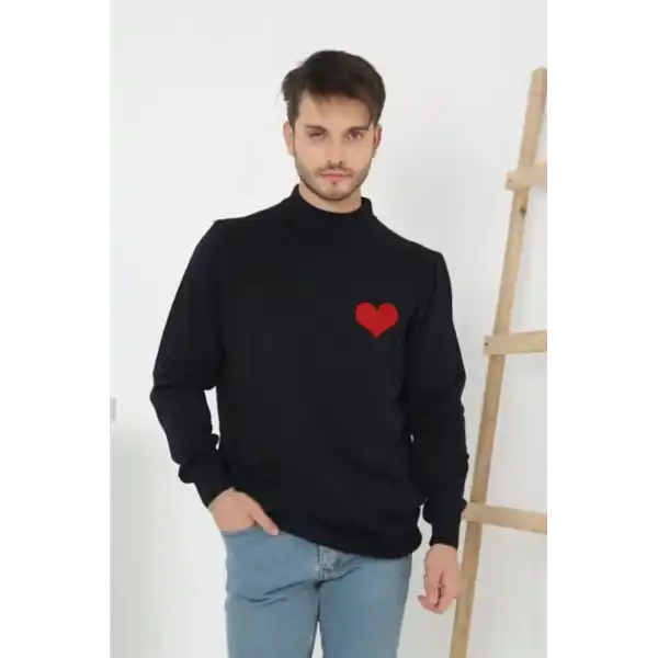 Erkek Yarım Bağazlı Kazak Kalp Baskılı Dokuma Triko - Siyah