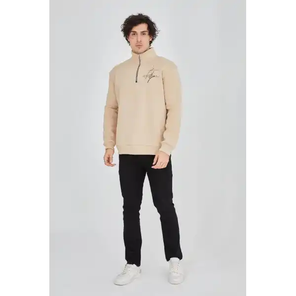 Erkek Yarım Fermuarlı Baskılı 3 iplik pamuklu sweatshirt - Bej
