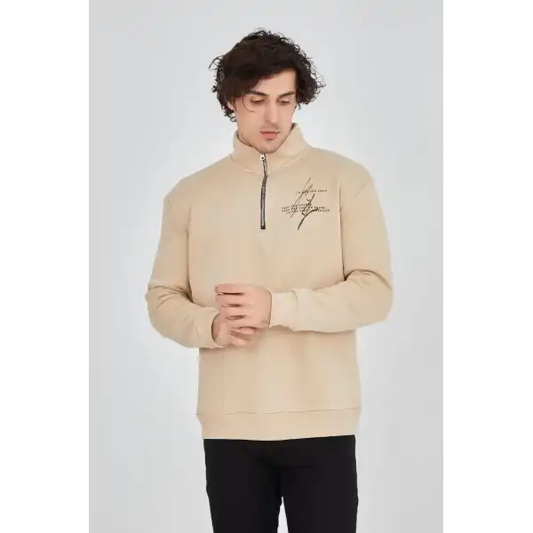 Erkek Yarım Fermuarlı Baskılı 3 iplik pamuklu sweatshirt - Bej