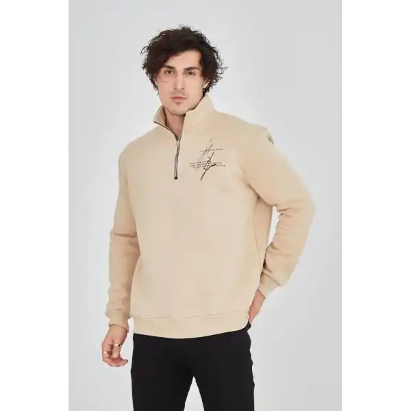 Erkek Yarım Fermuarlı Baskılı 3 iplik pamuklu sweatshirt - Bej