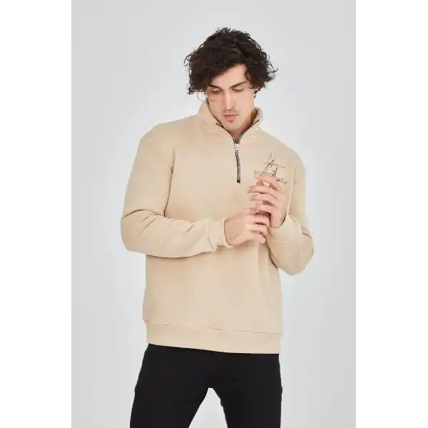 Erkek Yarım Fermuarlı Baskılı 3 iplik pamuklu sweatshirt - Bej