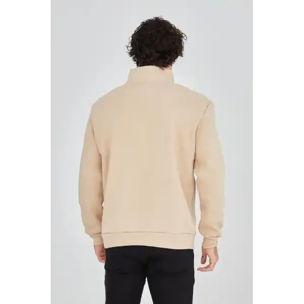 Erkek Yarım Fermuarlı Baskılı 3 iplik pamuklu sweatshirt - Bej