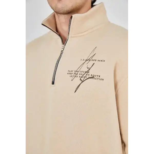 Erkek Yarım Fermuarlı Baskılı 3 iplik pamuklu sweatshirt - Bej