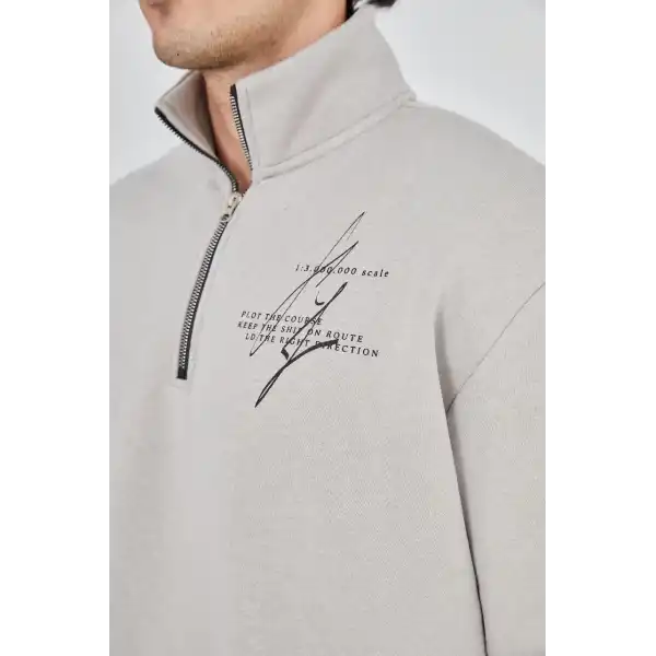 Erkek Yarım Fermuarlı Baskılı 3 iplik pamuklu sweatshirt - Boyalı Gri