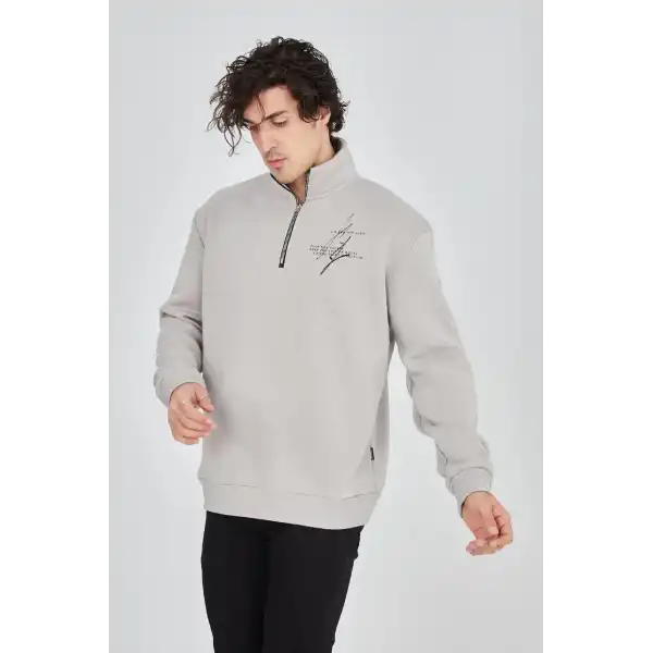 Erkek Yarım Fermuarlı Baskılı 3 iplik pamuklu sweatshirt - Boyalı Gri