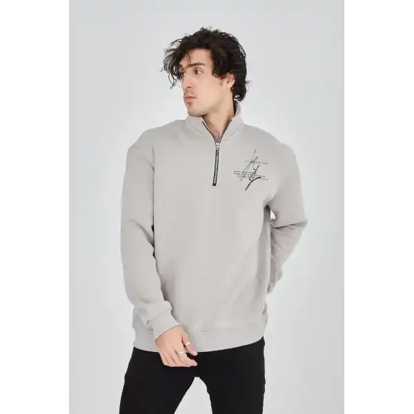 Erkek Yarım Fermuarlı Baskılı 3 iplik pamuklu sweatshirt - Boyalı Gri