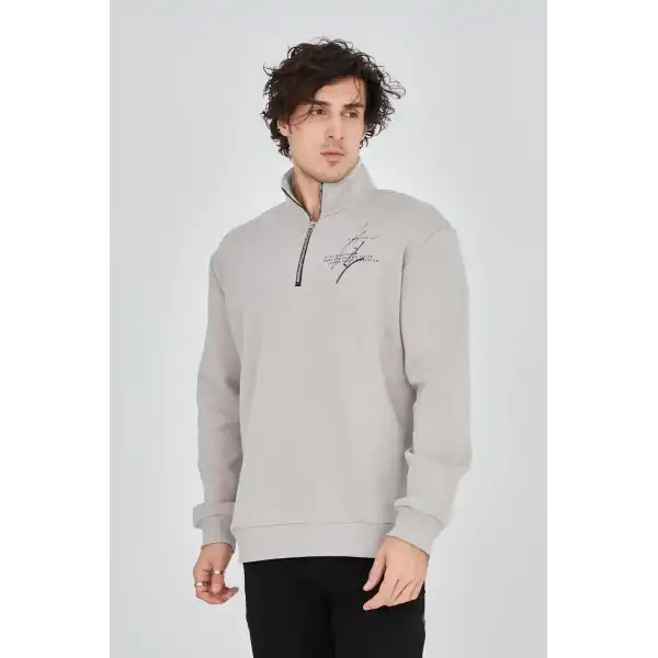 Erkek Yarım Fermuarlı Baskılı 3 iplik pamuklu sweatshirt - Boyalı Gri
