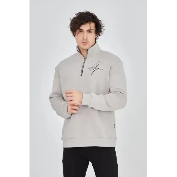 Erkek Yarım Fermuarlı Baskılı 3 iplik pamuklu sweatshirt - Boyalı Gri