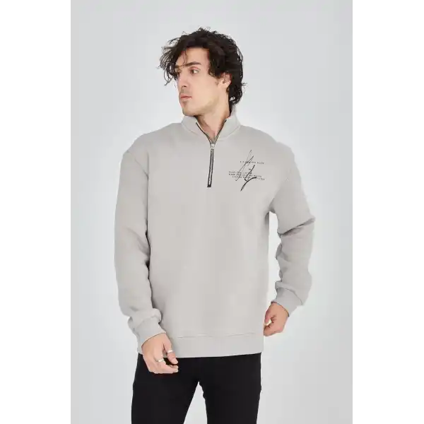 Erkek Yarım Fermuarlı Baskılı 3 iplik pamuklu sweatshirt - Boyalı Gri
