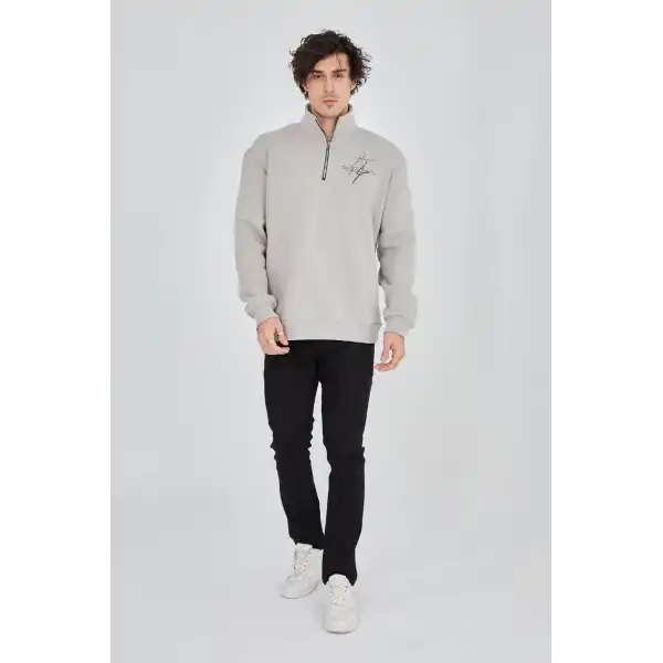 Erkek Yarım Fermuarlı Baskılı 3 iplik pamuklu sweatshirt - Boyalı Gri