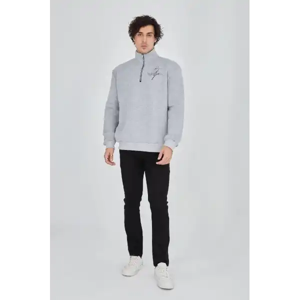 Erkek Yarım Fermuarlı Baskılı 3 iplik pamuklu sweatshirt - Gri
