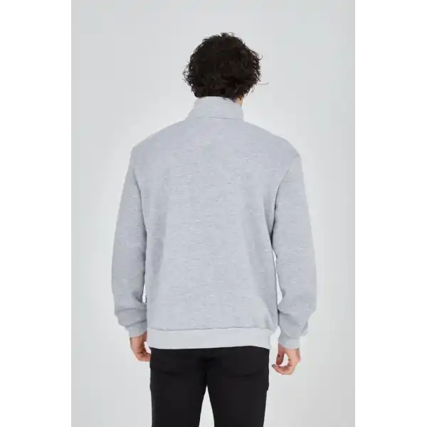 Erkek Yarım Fermuarlı Baskılı 3 iplik pamuklu sweatshirt - Gri