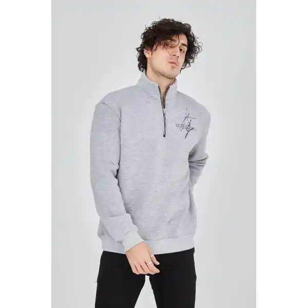 Erkek Yarım Fermuarlı Baskılı 3 iplik pamuklu sweatshirt - Gri