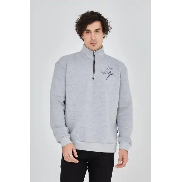 Erkek Yarım Fermuarlı Baskılı 3 iplik pamuklu sweatshirt - Gri