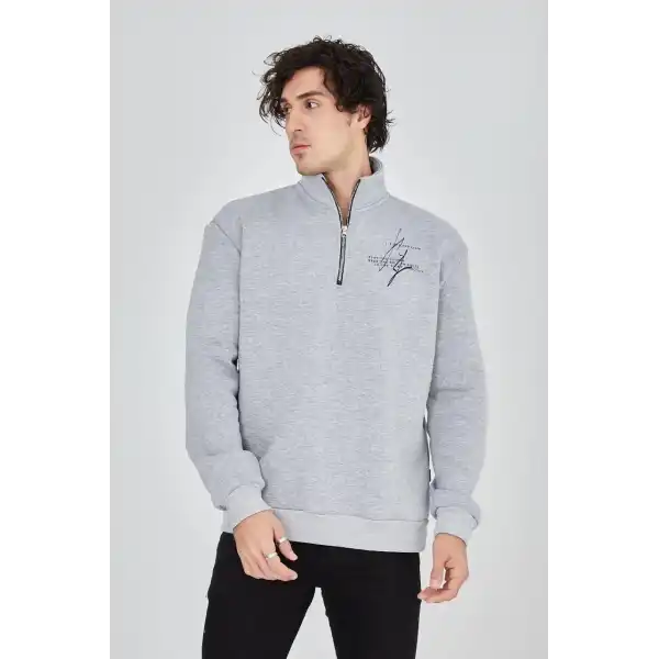 Erkek Yarım Fermuarlı Baskılı 3 iplik pamuklu sweatshirt - Gri