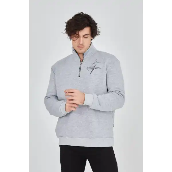 Erkek Yarım Fermuarlı Baskılı 3 iplik pamuklu sweatshirt - Gri