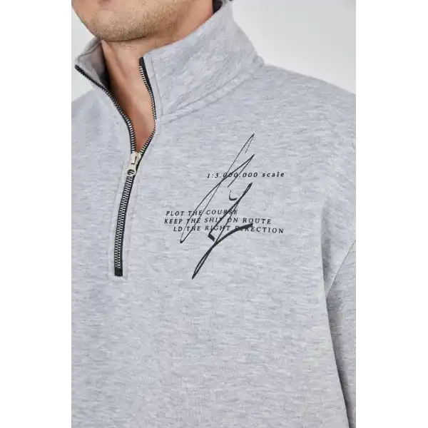 Erkek Yarım Fermuarlı Baskılı 3 iplik pamuklu sweatshirt - Gri