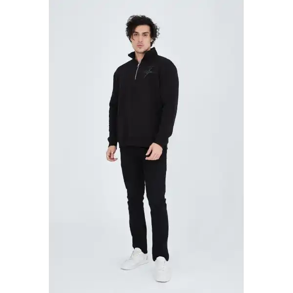 Erkek Yarım Fermuarlı Baskılı 3  iplik pamuklu sweatshirt - Siyah