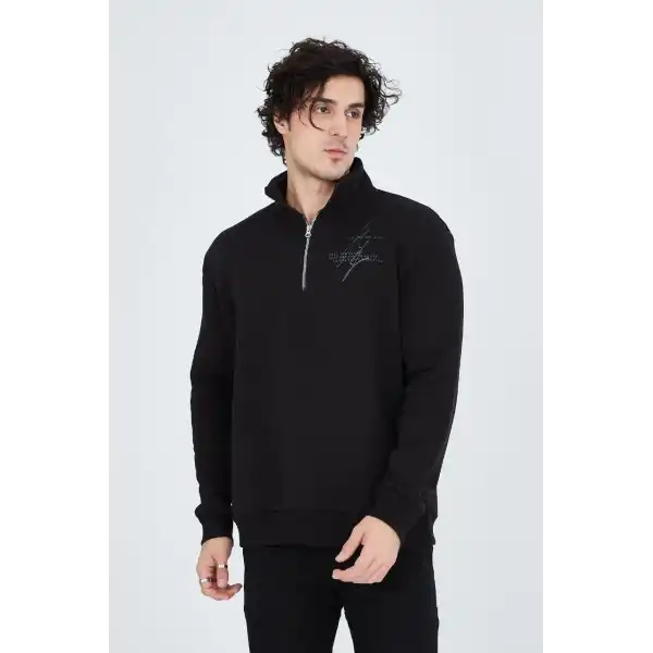 Erkek Yarım Fermuarlı Baskılı 3  iplik pamuklu sweatshirt - Siyah