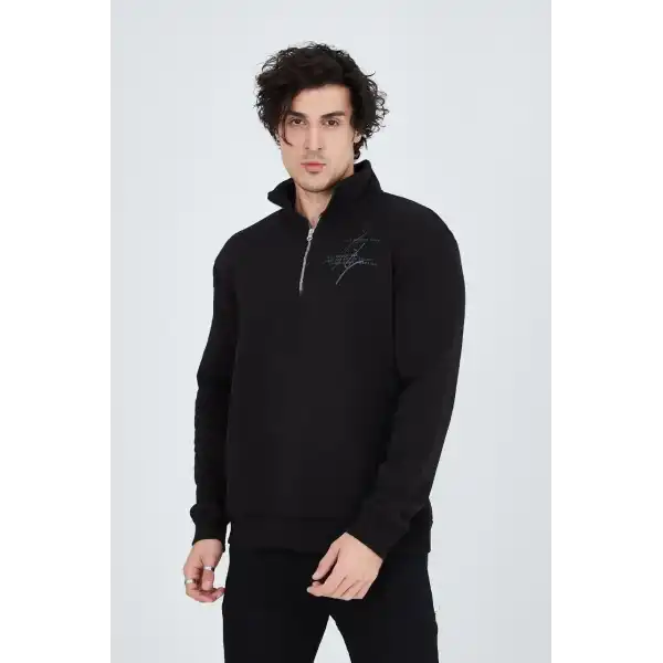Erkek Yarım Fermuarlı Baskılı 3  iplik pamuklu sweatshirt - Siyah