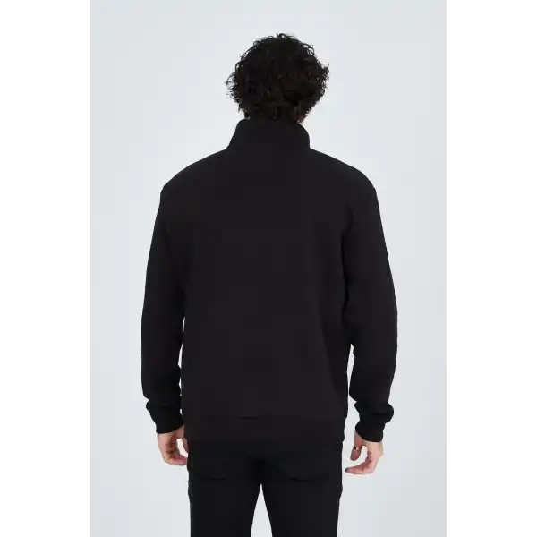 Erkek Yarım Fermuarlı Baskılı 3  iplik pamuklu sweatshirt - Siyah
