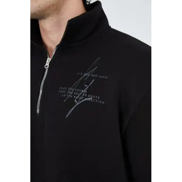Erkek Yarım Fermuarlı Baskılı 3  iplik pamuklu sweatshirt - Siyah