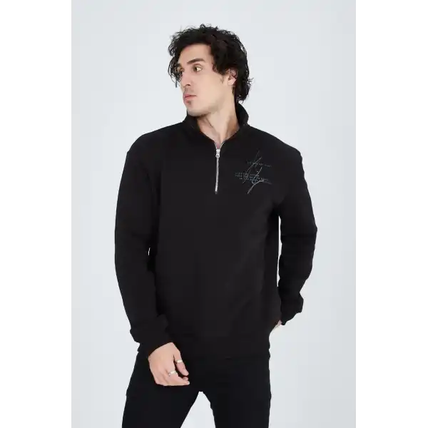 Erkek Yarım Fermuarlı Baskılı 3  iplik pamuklu sweatshirt - Siyah