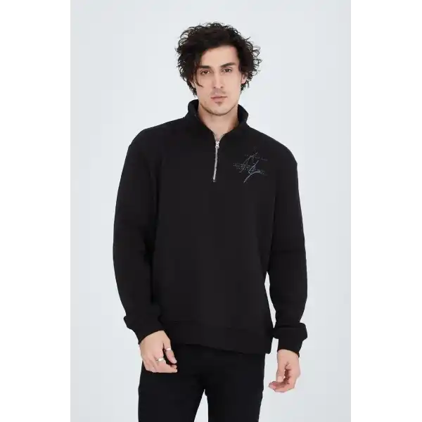 Erkek Yarım Fermuarlı Baskılı 3  iplik pamuklu sweatshirt - Siyah